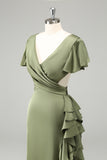 Elegant Olive A Line V Neck Short Sleeves Asymmetrical Bridesmaid Dress with Ruffles