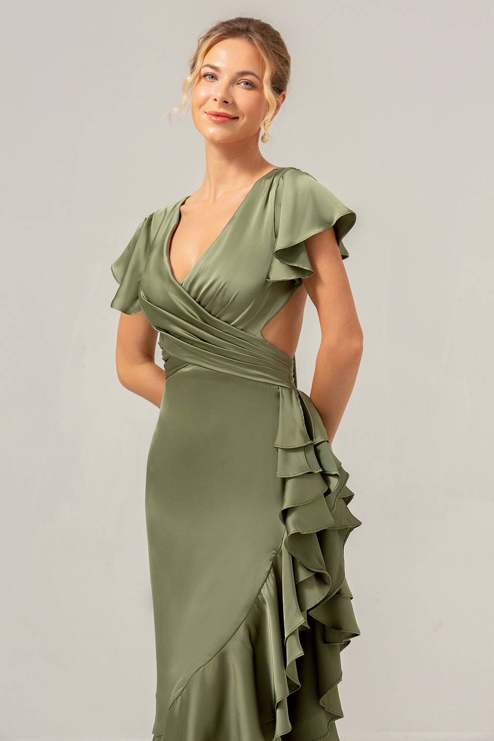 Wedtrend Women Olive Bridesmaid Dress with Ruffles A Line Short Sleeves V Neck Asymmetrical Wedding Guest Dress WEDTREND Wedtrend Women Olive Bridesmaid Dress with Ruffles A Line Short Sleeves V Neck Asymmetrical Wedding Guest Dress WEDTREND