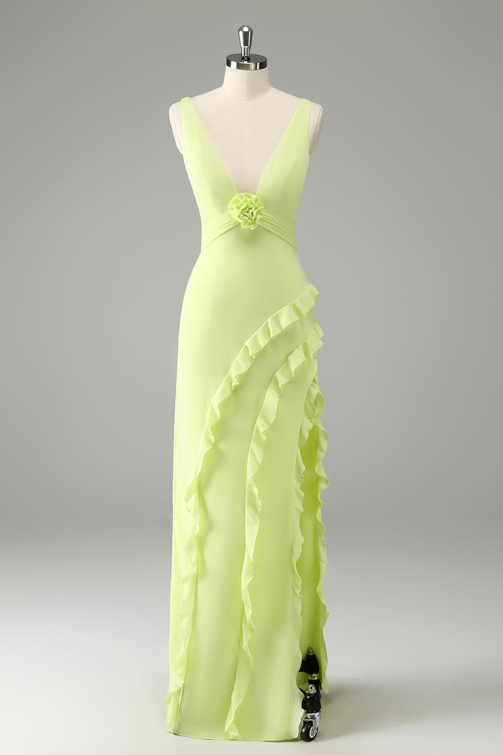 Wedtrend Women Elegant Lime Bridesmaid Dress A Line V Neck Flower Ruffle Open Back Guest Dress with Slit WEDTREND Wedtrend Women Elegant Lime Bridesmaid Dress A Line V Neck Flower Ruffle Open Back Guest Dress with Slit WEDTREND