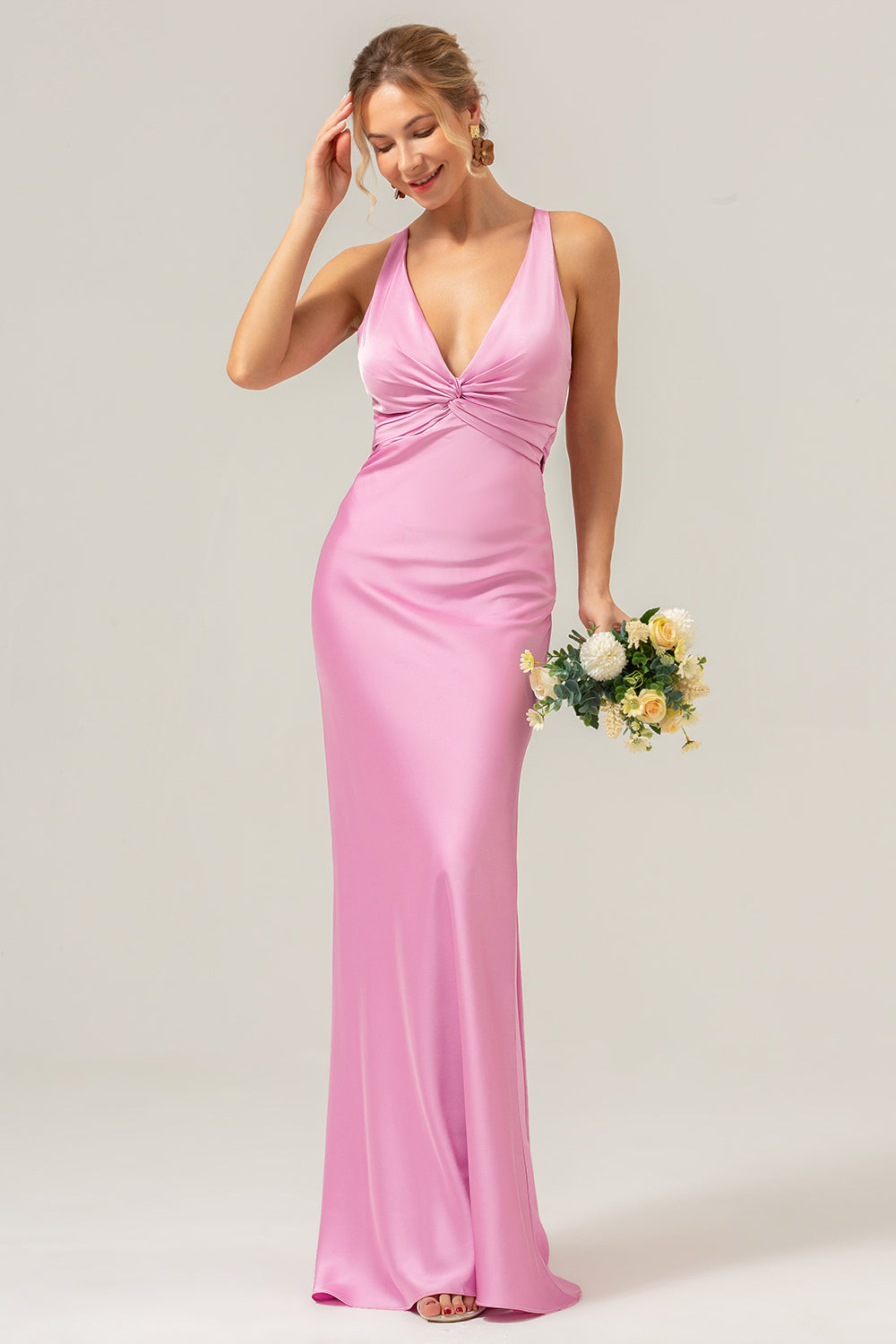 dark pink wedding guest dress Wedtrend Women Pink Long Bridesmaid Dress with Lace Up Back Mermaid Deep V Neck Ruched Wedding Guest Dress – WEDTREND