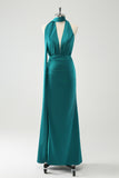 Peacock Sheath Deep V Neck Ruched Long Bridesmaid Dress with Open Back