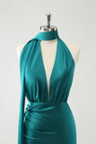 Peacock Sheath Deep V Neck Ruched Long Bridesmaid Dress with Open Back