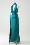 Peacock Sheath Deep V Neck Ruched Long Bridesmaid Dress with Open Back