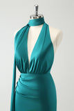 Peacock Sheath Deep V Neck Ruched Long Bridesmaid Dress with Open Back