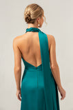 Sage White Flower Sheath Deep V Neck Open Back Satin Bridesmaid Dress with Streamer