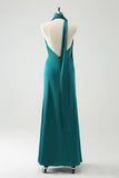 Peacock Sheath Deep V Neck Ruched Long Bridesmaid Dress with Open Back