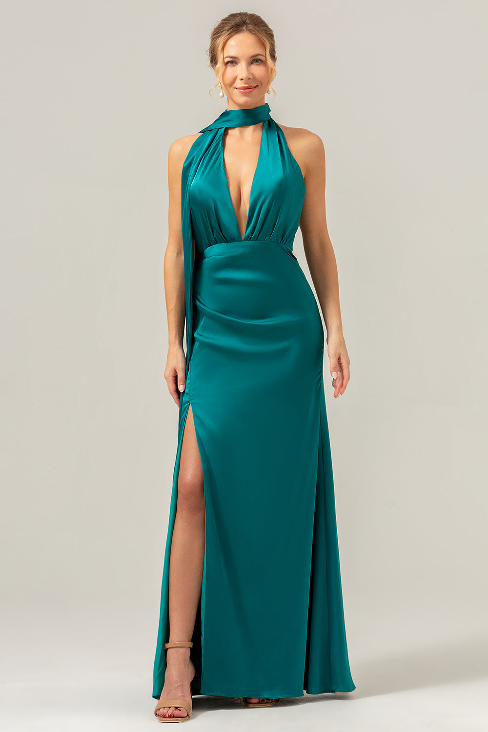 peacock satin dress Peacock Formal Dress Spaghetti Straps V-Neck Sheath Stretch Satin Formal Dress With Split