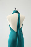 Peacock Sheath Deep V Neck Ruched Long Bridesmaid Dress with Open Back