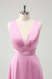 Pink A Line Deep V Neck Backless Long Bridesmaid Dress with Slit