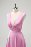 Pink A Line Deep V Neck Backless Long Bridesmaid Dress with Slit