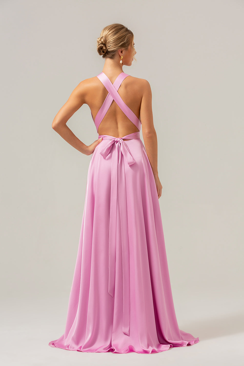 Wedtrend Women Pink Satin Bridesmaid Dress with Slit A Line Deep V Neck Lace Up Back Long Wedding Guest Dress WEDTREND Wedtrend Women Pink Satin Bridesmaid Dress with Slit A Line Deep V Neck Lace Up Back Long Wedding Guest Dress WEDTREND