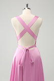 Pink A Line Deep V Neck Backless Long Bridesmaid Dress with Slit