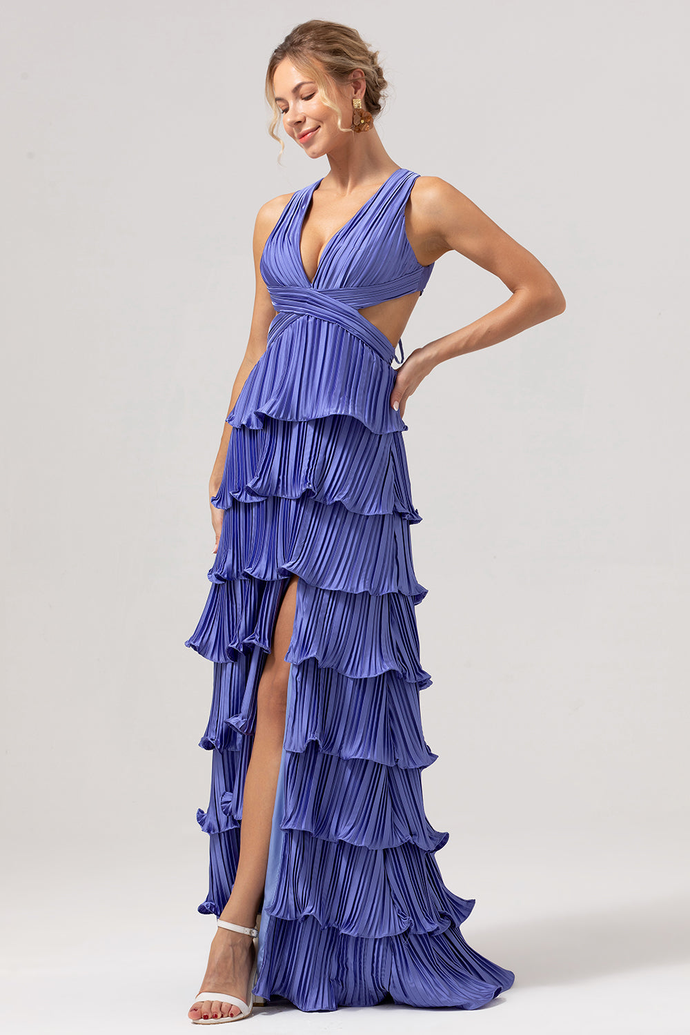 Wedtrend Women Purple Prom Dress with Slit Deep V Neck A-Line Long Tiered Bridesmaid Dress, chiffon color / US8