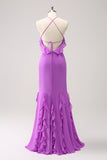 Tahiti Mermaid Halter Backless Ruffle Chiffon Long Bridesmaid Dress