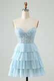 A Line Sweetheart Tiered Light Blue Short Homecoming Dress with Appliques