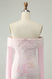 Cute Sparkly Bodycon Off The Shoulder Sequin Pink Homecoming Dress with Long Sleeves