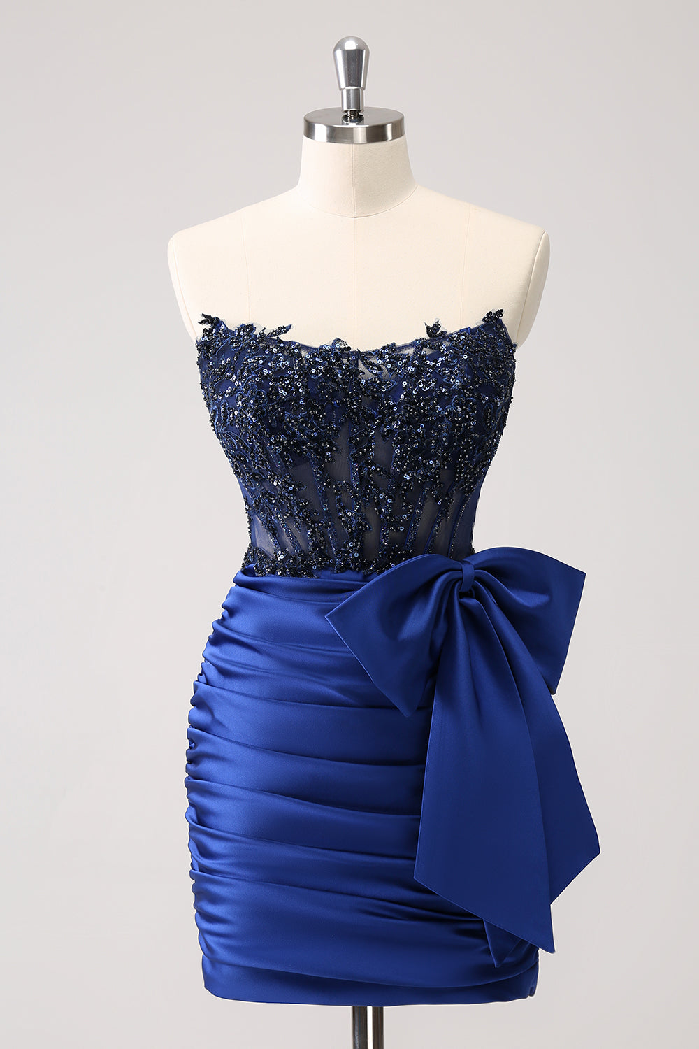 WEDTREND Women Unique Navy Homecoming Dress with Bow Tight Strapless Corset Pleated Short Beaded WEDTREND Women Unique Navy Homecoming Dress with Bow Tight Strapless Corset Pleated Short Beaded
