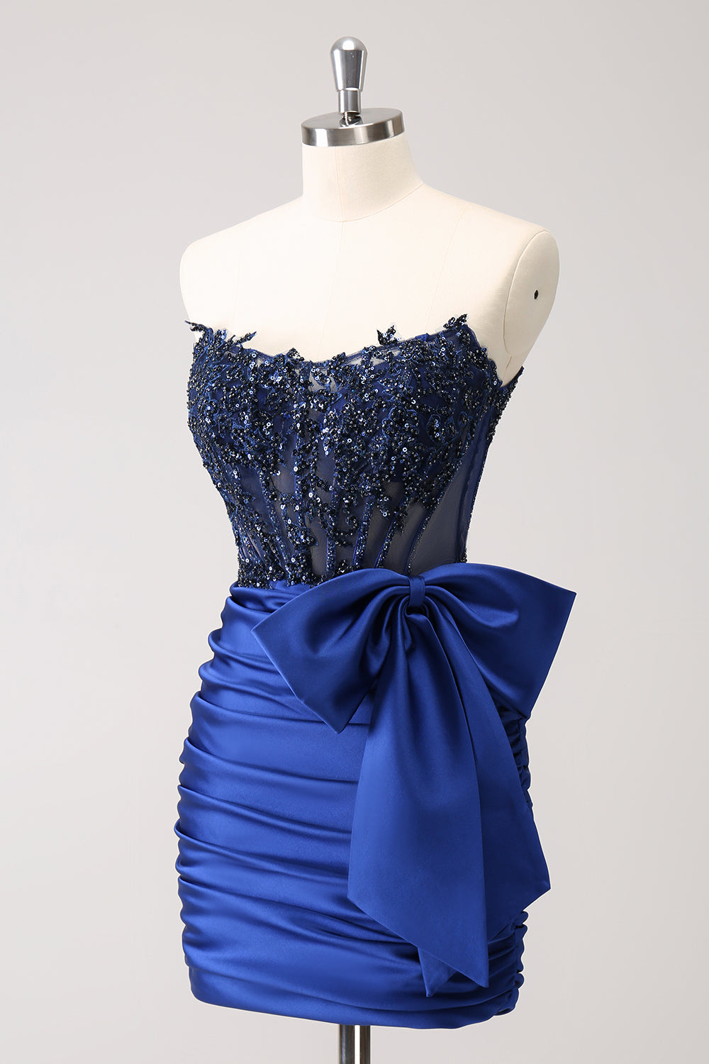 WEDTREND Women Unique Navy Homecoming Dress with Bow Tight Strapless Corset Pleated Short Beaded WEDTREND Women Unique Navy Homecoming Dress with Bow Tight Strapless Corset Pleated Short Beaded