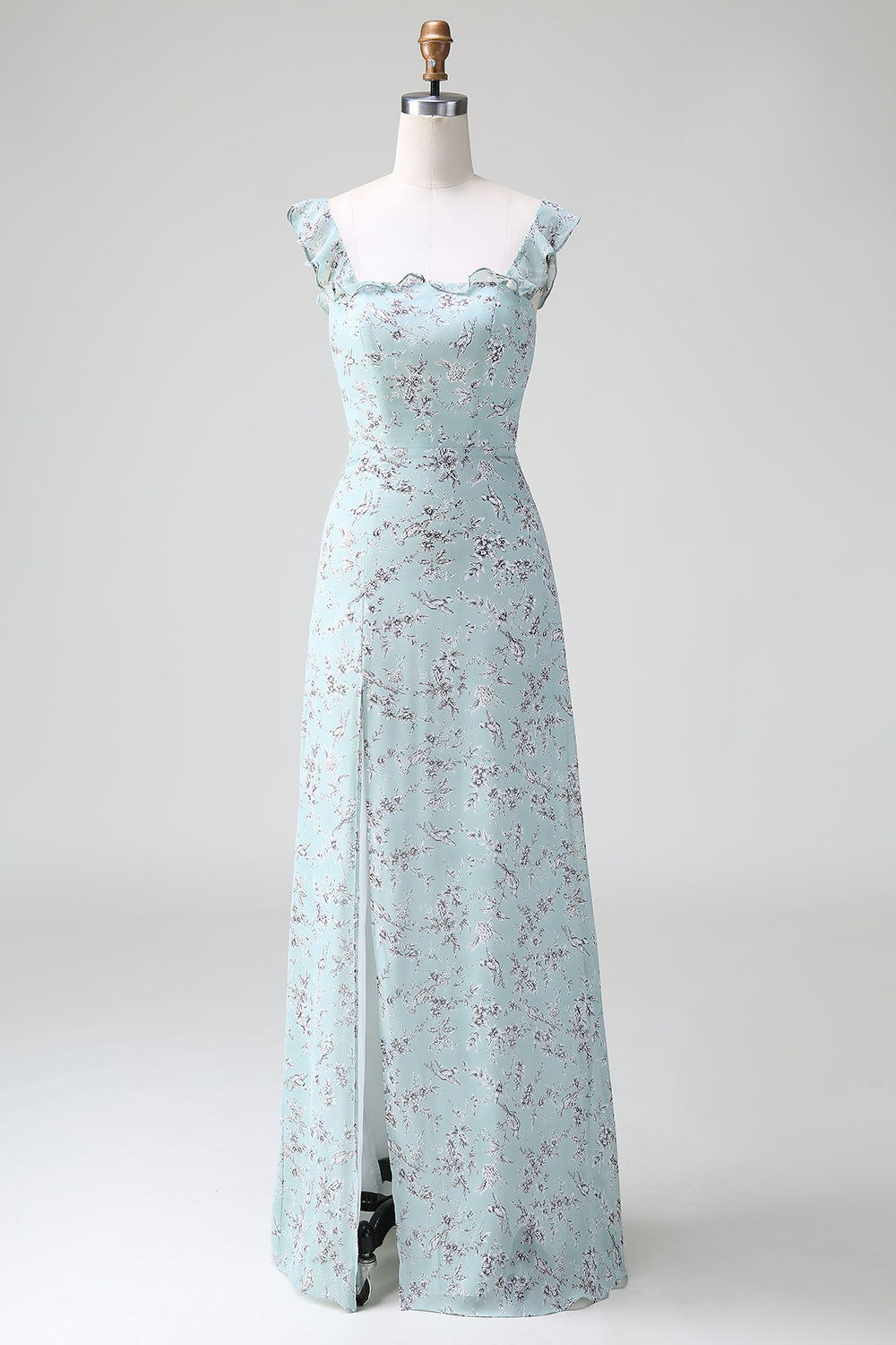 Wedtrend Women Grey Green Sheath Bridesmaid Dress With Slit Floral Print Lace Up Back Maxi Wedding Party Guest Dress WEDTREND Wedtrend Women Grey Green Sheath Bridesmaid Dress With Slit Floral Print Lace Up Back Maxi Wedding Party Guest Dress WEDTREND