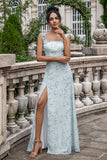Grey Green Sheath Floral Print Lace Up Back Long Bridesmaid Dress With Slit