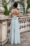 Grey Green Sheath Floral Print Lace Up Back Long Bridesmaid Dress With Slit