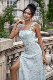 Grey Green Sheath Floral Print Lace Up Back Long Bridesmaid Dress With Slit