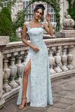 Grey Green Sheath Floral Print Lace Up Back Long Bridesmaid Dress With Slit