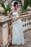 Grey Green Sheath Floral Print Lace Up Back Long Bridesmaid Dress With Slit