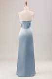 Mermaid Strapless Pleated Corset Long Green Bridesmaid Dress With Slit