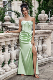 Mermaid Strapless Pleated Corset Long Green Bridesmaid Dress With Slit