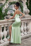 Mermaid Strapless Pleated Corset Long Green Bridesmaid Dress With Slit