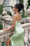 Mermaid Strapless Pleated Corset Long Green Bridesmaid Dress With Slit