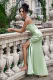 Mermaid Strapless Pleated Corset Long Green Bridesmaid Dress With Slit
