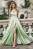 A Line Strapless Pleated Hollow Out Long Green Bridesmaid Dress With Slit