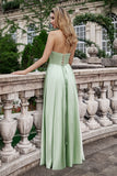 A Line Strapless Pleated Hollow Out Long Green Bridesmaid Dress With Slit