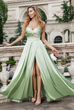 A Line Strapless Pleated Hollow Out Long Green Bridesmaid Dress With Slit