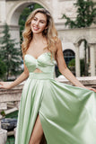 A Line Strapless Pleated Hollow Out Long Green Bridesmaid Dress With Slit
