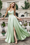 A Line Strapless Pleated Hollow Out Long Green Bridesmaid Dress With Slit