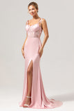 Green Satin Spaghetti Straps Corset Long Mermaid Bridesmaid Dress with Slit