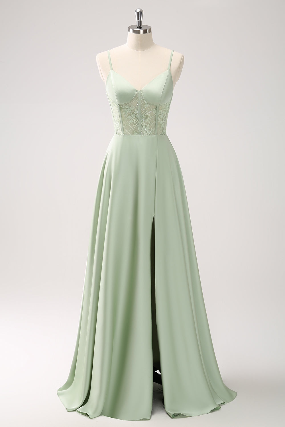 Wedtrend Women Green Satin Bridesmaid Dress with Slit Spaghetti Straps A-Line Long Corset, Green / US8 Wedtrend Women Green Satin Bridesmaid Dress with Slit Spaghetti Straps A-Line Long Corset, Green / US8