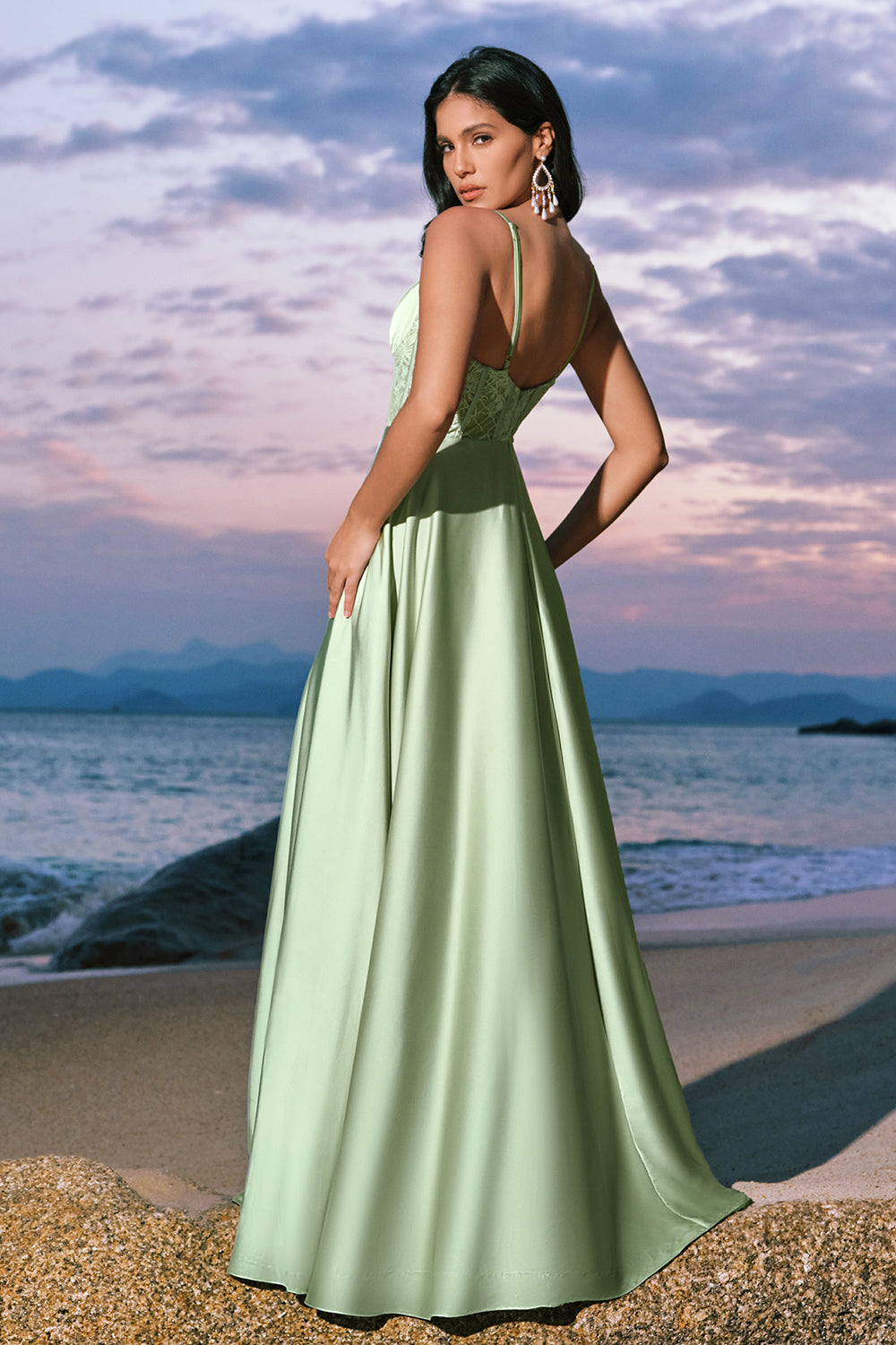 Wedtrend Women Elegant A-Line Green Bridesmaid Dress with Slit Satin Spaghetti Straps Corset Long Wedding Guest Dress WEDTREND Wedtrend Women Elegant A-Line Green Bridesmaid Dress with Slit Satin Spaghetti Straps Corset Long Wedding Guest Dress WEDTREND