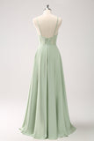 Green A-Line Spaghetti Straps Satin Long Corset Bridesmaid Dress with Slit