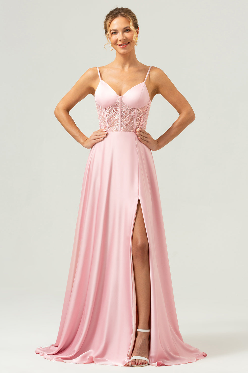 Wedtrend Women Pink Satin Bridesmaid Dress with Slit A-Line Spaghetti Straps Corset Long Wedding Party Guest Dress WEDTREND Wedtrend Women Pink Satin Bridesmaid Dress with Slit A-Line Spaghetti Straps Corset Long Wedding Party Guest Dress WEDTREND