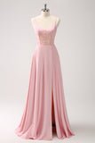 Green A-Line Spaghetti Straps Satin Long Corset Bridesmaid Dress with Slit