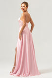 Elegant A-Line Green Satin Spaghetti Straps Corset Long Bridesmaid Dress with Slit