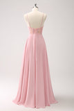 Green A-Line Spaghetti Straps Satin Long Corset Bridesmaid Dress with Slit