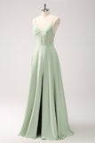 Green A-Line Spaghetti Straps Satin Long Corset Bridesmaid Dress with Slit