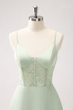 Green A-Line Spaghetti Straps Satin Long Corset Bridesmaid Dress with Slit