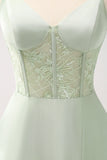 Green A-Line Spaghetti Straps Satin Long Corset Bridesmaid Dress with Slit