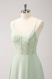 Green A-Line Spaghetti Straps Satin Long Corset Bridesmaid Dress with Slit